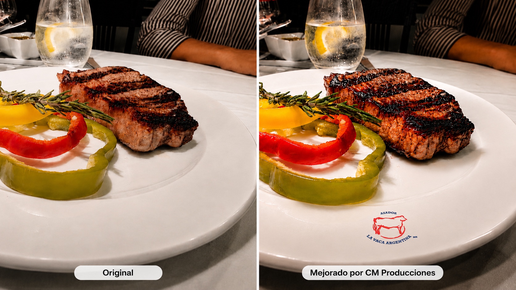 Comparativa La Vaca Argentina: corte de carne original a la izquierda y mejorado por CM Producciones a la derecha
